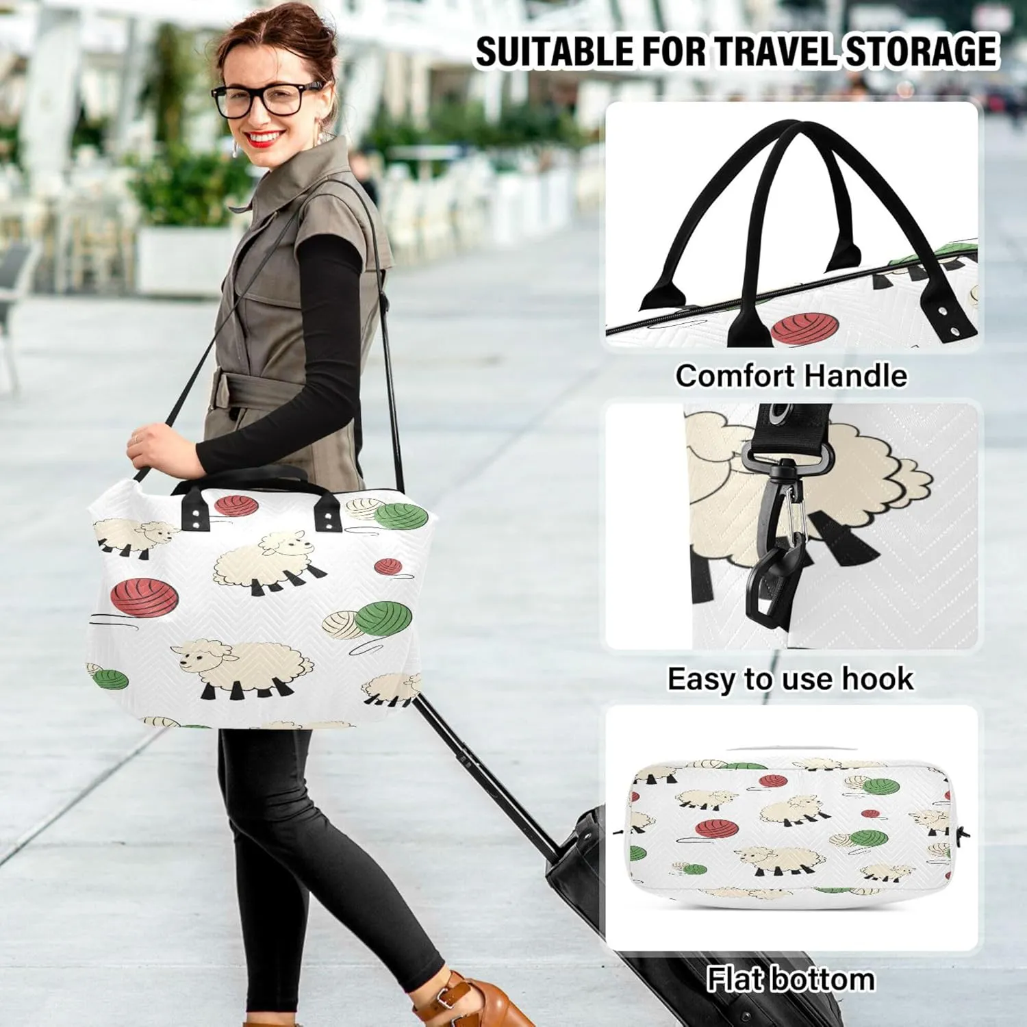 Exnundod Women Weekender Bags Sheep with Ball Of Yarn Travel Duffel Bags Carry On Overnight Bag Cute Large Hospital Tote Luggage