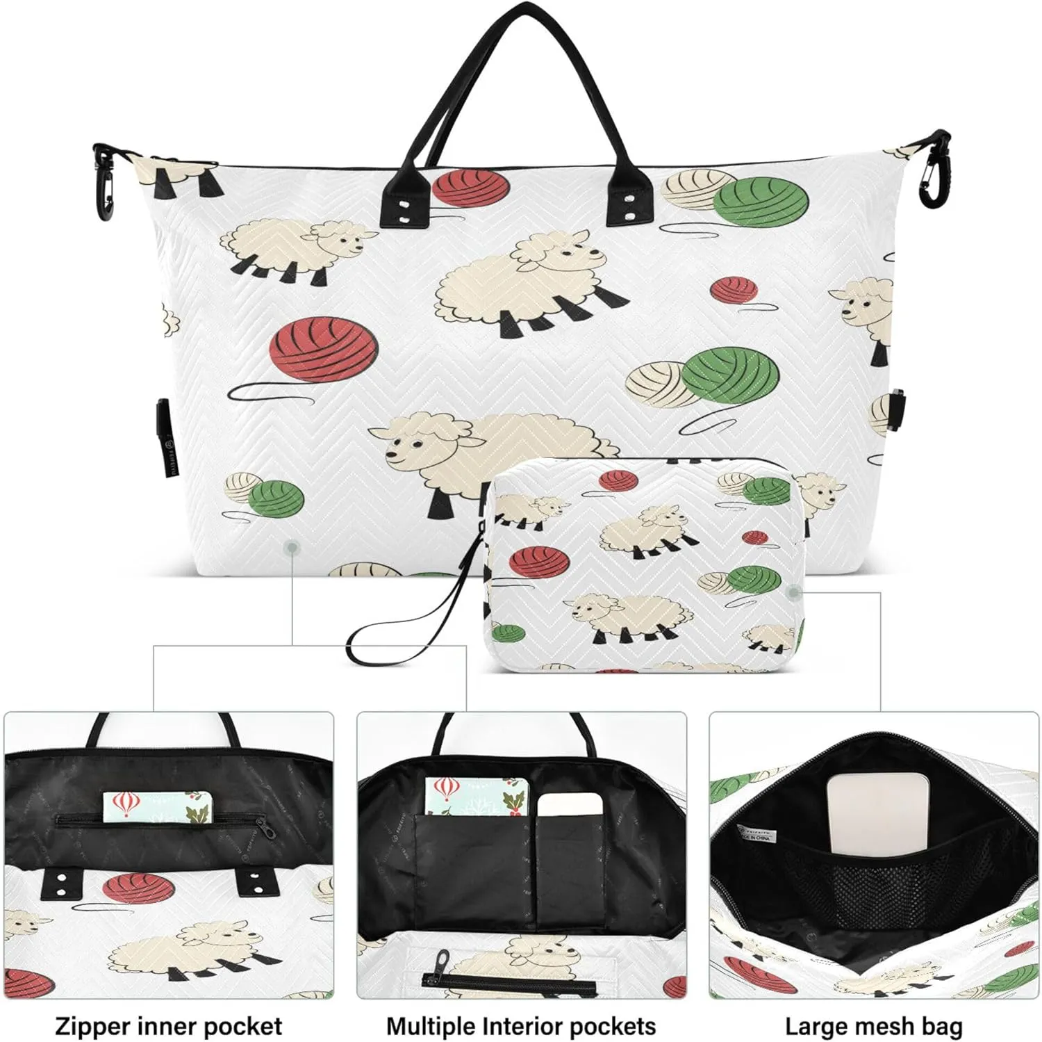 Exnundod Women Weekender Bags Sheep with Ball Of Yarn Travel Duffel Bags Carry On Overnight Bag Cute Large Hospital Tote Luggage