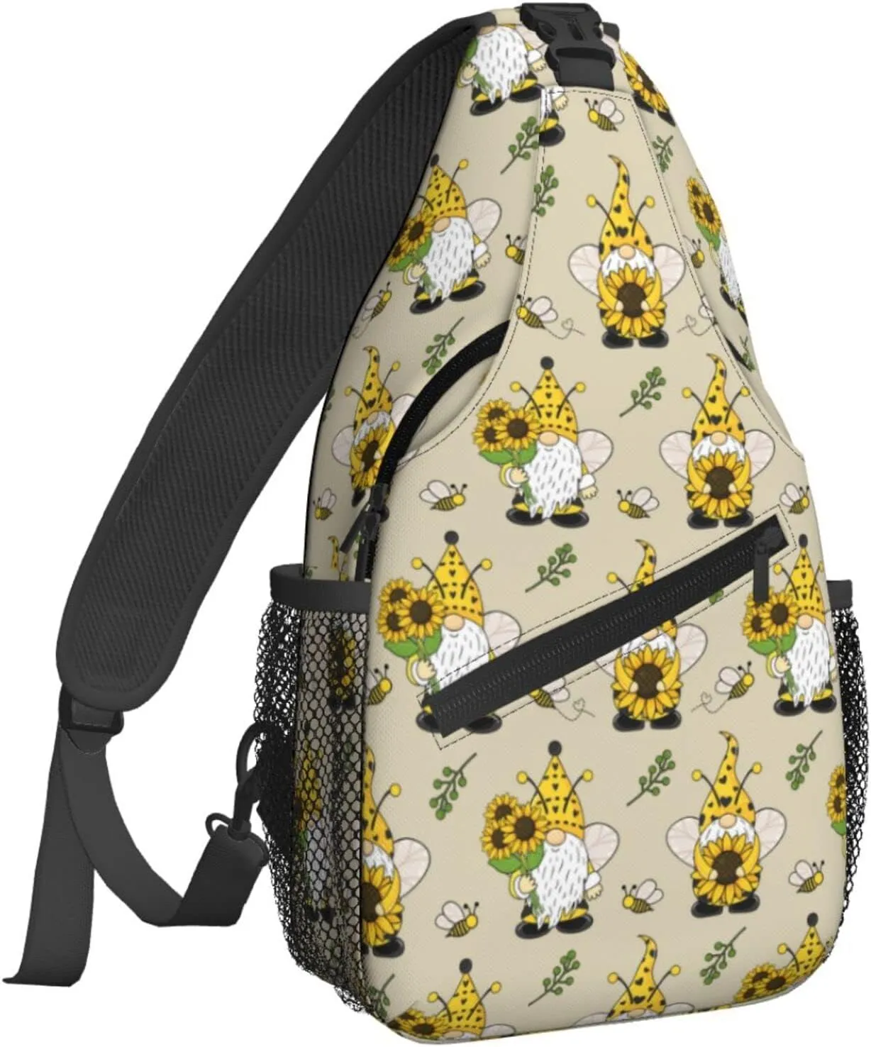 Famame Gnomes Bees And Sunflowers Sling Backpack Chest Bag Crossbody Shoulder Bag Gym Cycling Travel Hiking Daypack For Men Women Multicolor 4