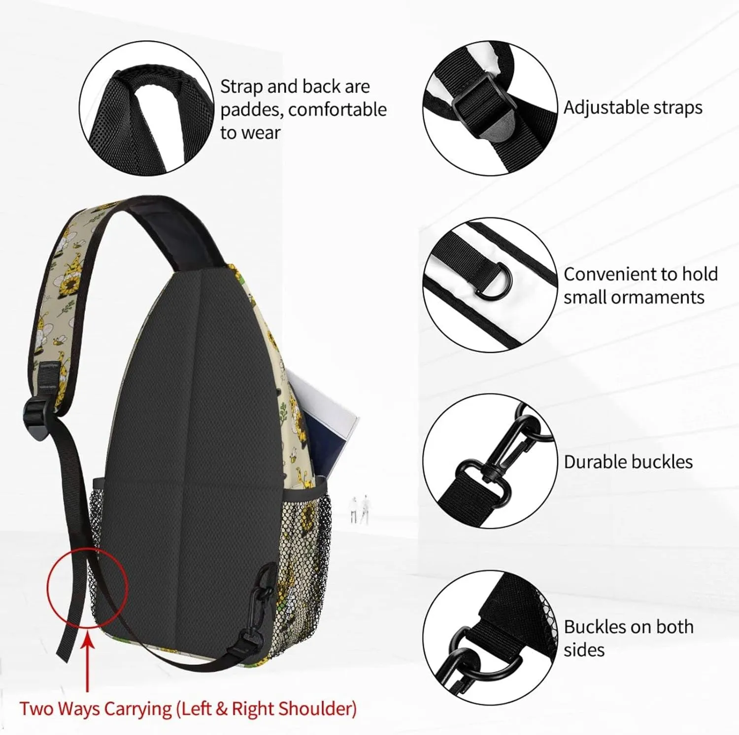Famame Gnomes Bees And Sunflowers Sling Backpack Chest Bag Crossbody Shoulder Bag Gym Cycling Travel Hiking Daypack For Men Women Multicolor 4