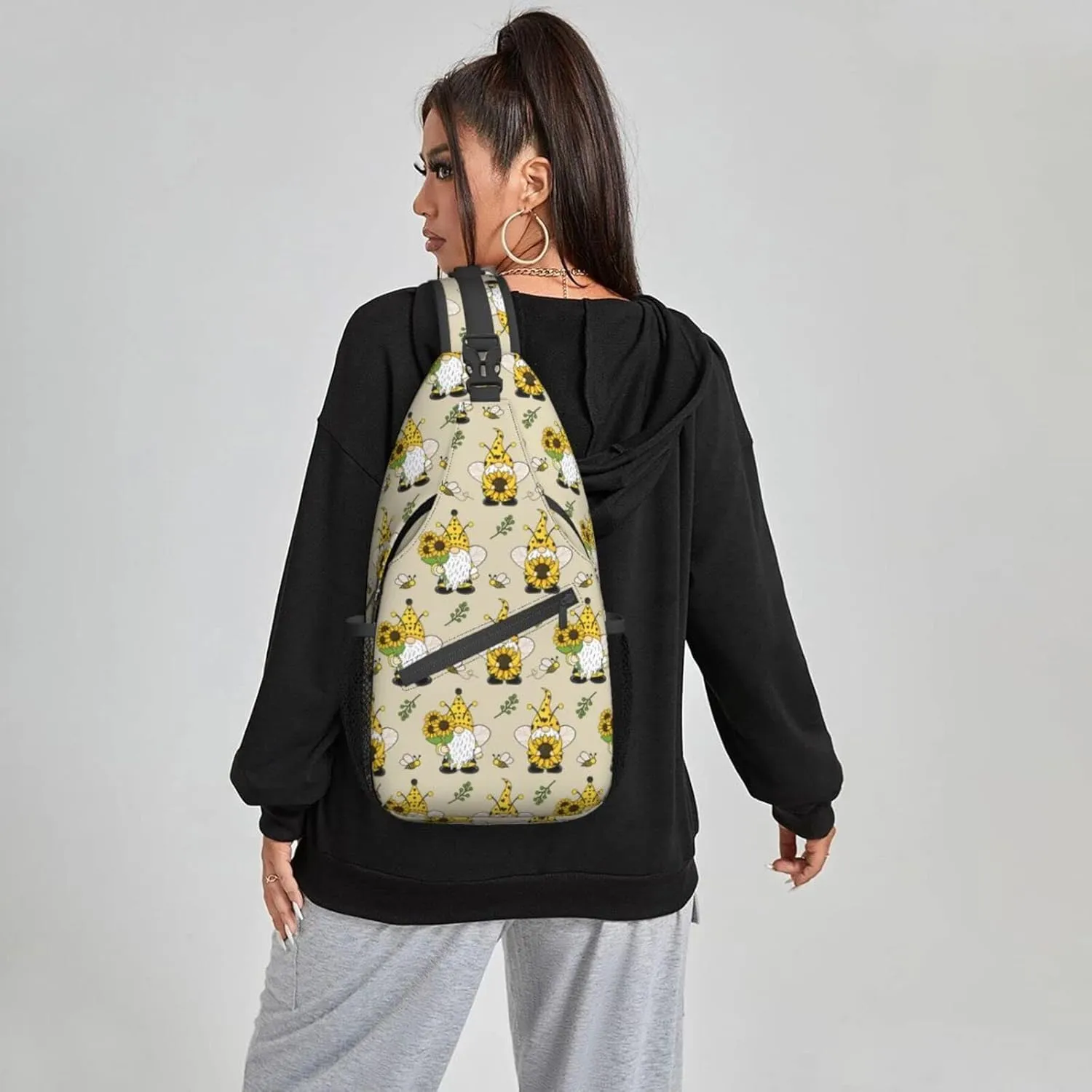 Famame Gnomes Bees And Sunflowers Sling Backpack Chest Bag Crossbody Shoulder Bag Gym Cycling Travel Hiking Daypack For Men Women Multicolor 4