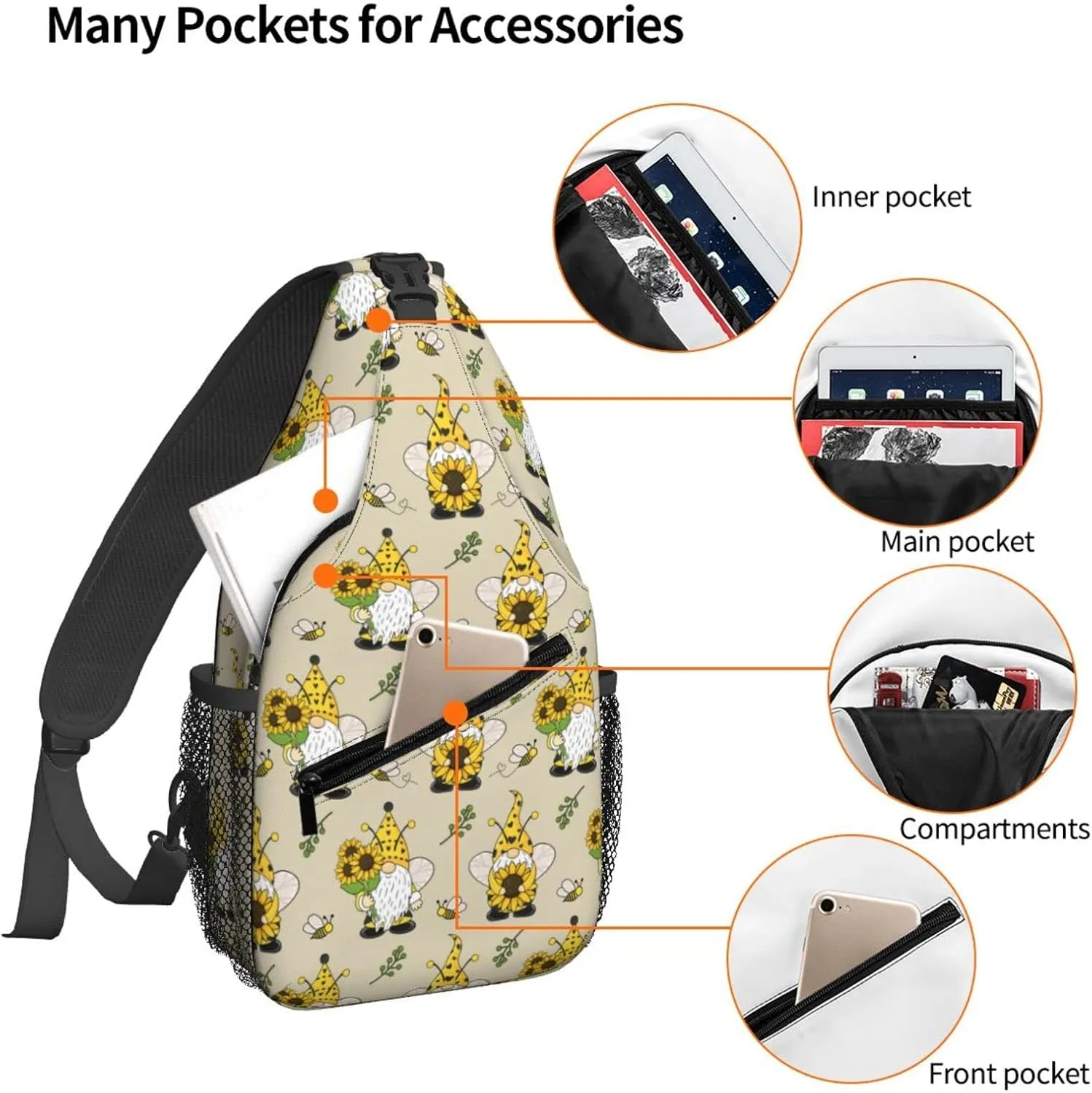 Famame Gnomes Bees And Sunflowers Sling Backpack Chest Bag Crossbody Shoulder Bag Gym Cycling Travel Hiking Daypack For Men Women Multicolor 4