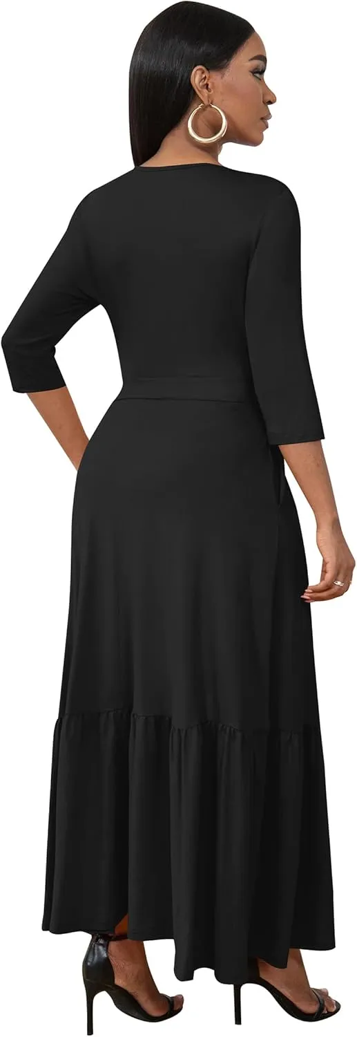 FANDEE Long Flowy Dresses for Women Summer V Neck Maxi Dress with Pockets, 3 4 Sleeve Solid Tie Belt A Line Tiered Dresses