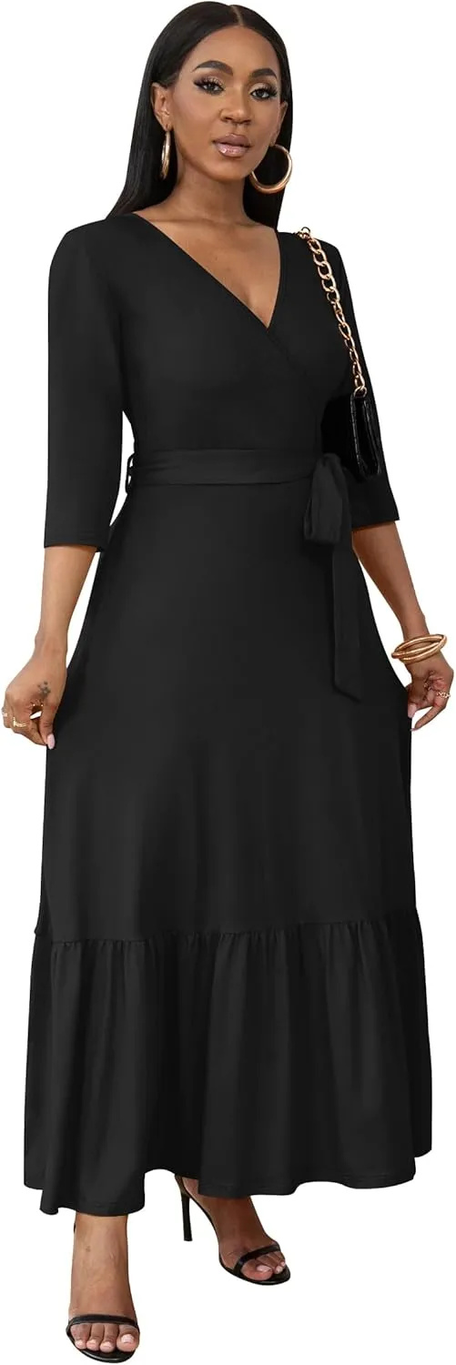 FANDEE Long Flowy Dresses for Women Summer V Neck Maxi Dress with Pockets, 3 4 Sleeve Solid Tie Belt A Line Tiered Dresses