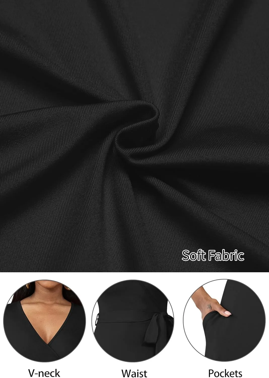 FANDEE Long Flowy Dresses for Women Summer V Neck Maxi Dress with Pockets, 3 4 Sleeve Solid Tie Belt A Line Tiered Dresses