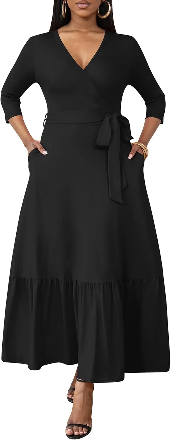 FANDEE Long Flowy Dresses for Women Summer V Neck Maxi Dress with Pockets, 3 4 Sleeve Solid Tie Belt A Line Tiered Dresses