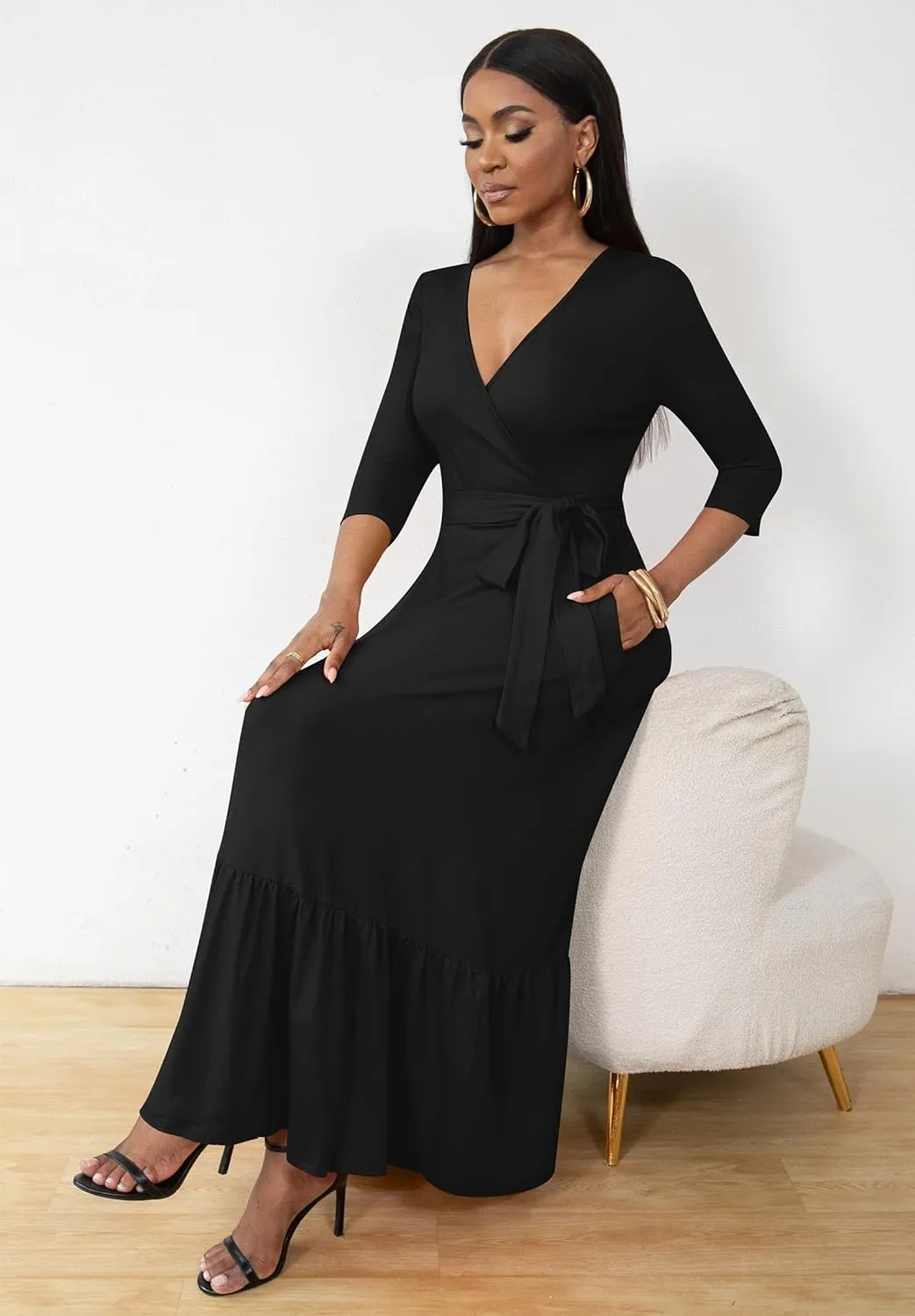 FANDEE Long Flowy Dresses for Women Summer V Neck Maxi Dress with Pockets, 3 4 Sleeve Solid Tie Belt A Line Tiered Dresses