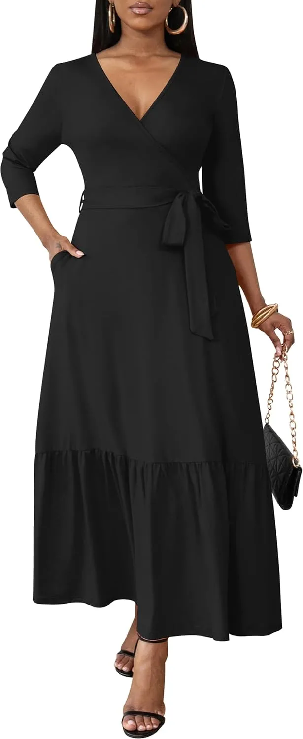 FANDEE Long Flowy Dresses for Women Summer V Neck Maxi Dress with Pockets, 3 4 Sleeve Solid Tie Belt A Line Tiered Dresses