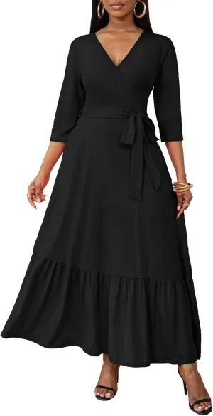 FANDEE Long Flowy Dresses for Women Summer V Neck Maxi Dress with Pockets, 3 4 Sleeve Solid Tie Belt A Line Tiered Dresses
