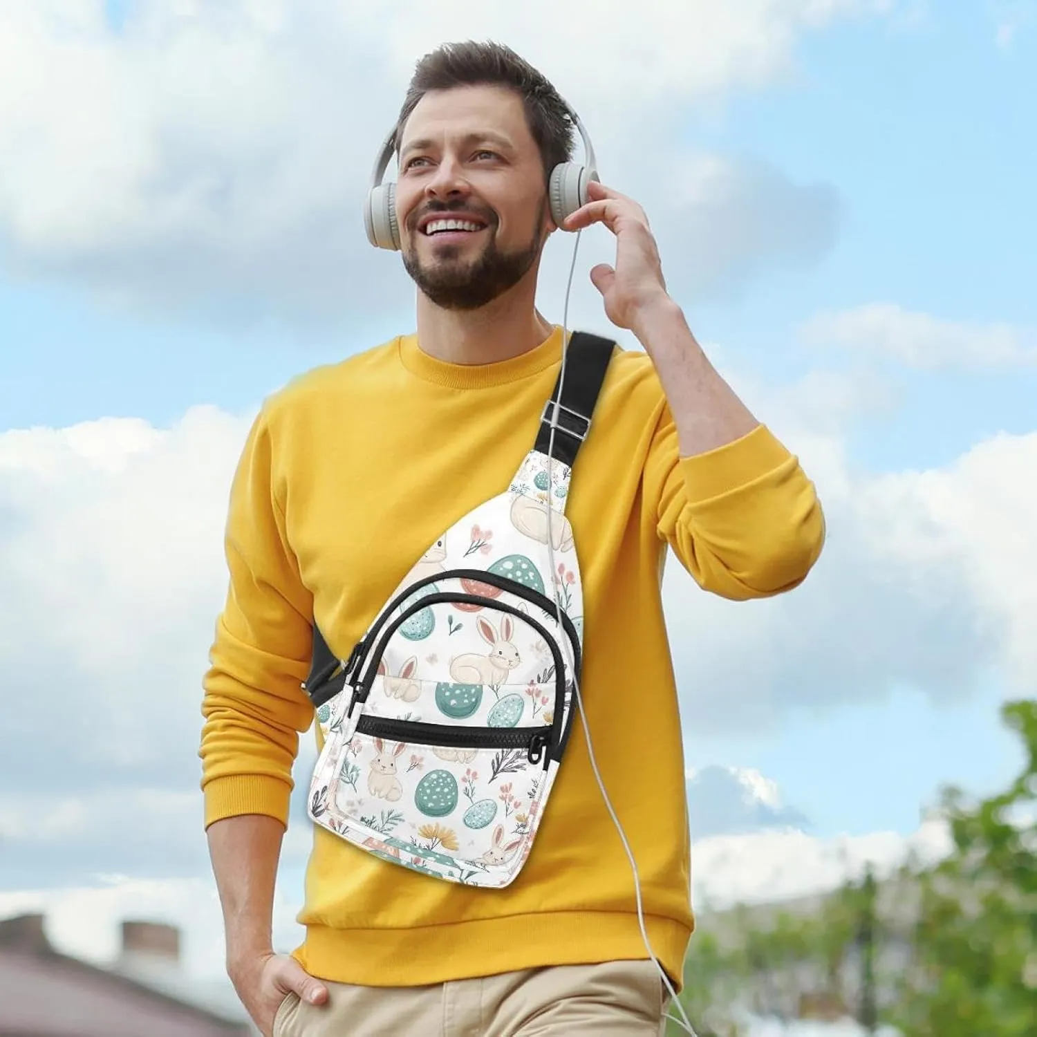 Fanny Pack Cross Body Bag for Outdoors Hiking Traveling, Easter Rabbits Eggs