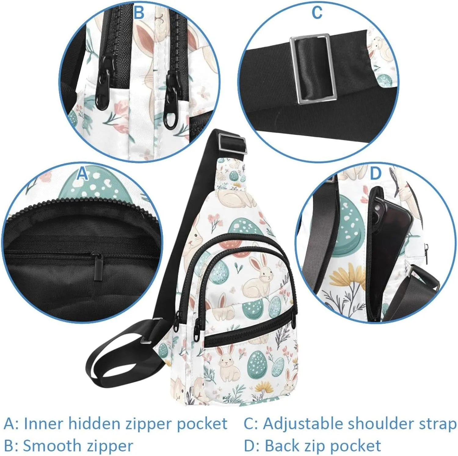 Fanny Pack Cross Body Bag for Outdoors Hiking Traveling, Easter Rabbits Eggs