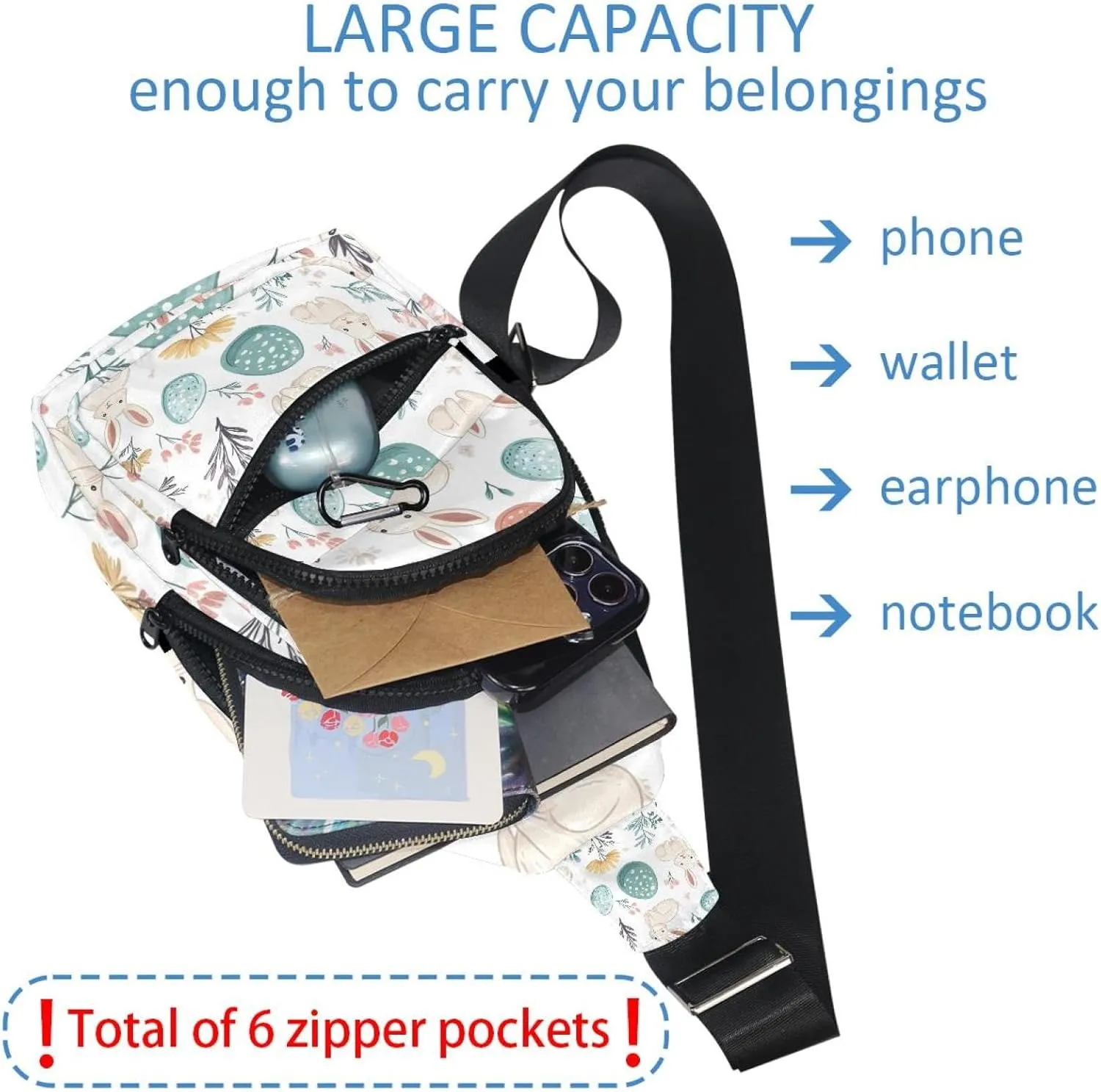 Fanny Pack Cross Body Bag for Outdoors Hiking Traveling, Easter Rabbits Eggs