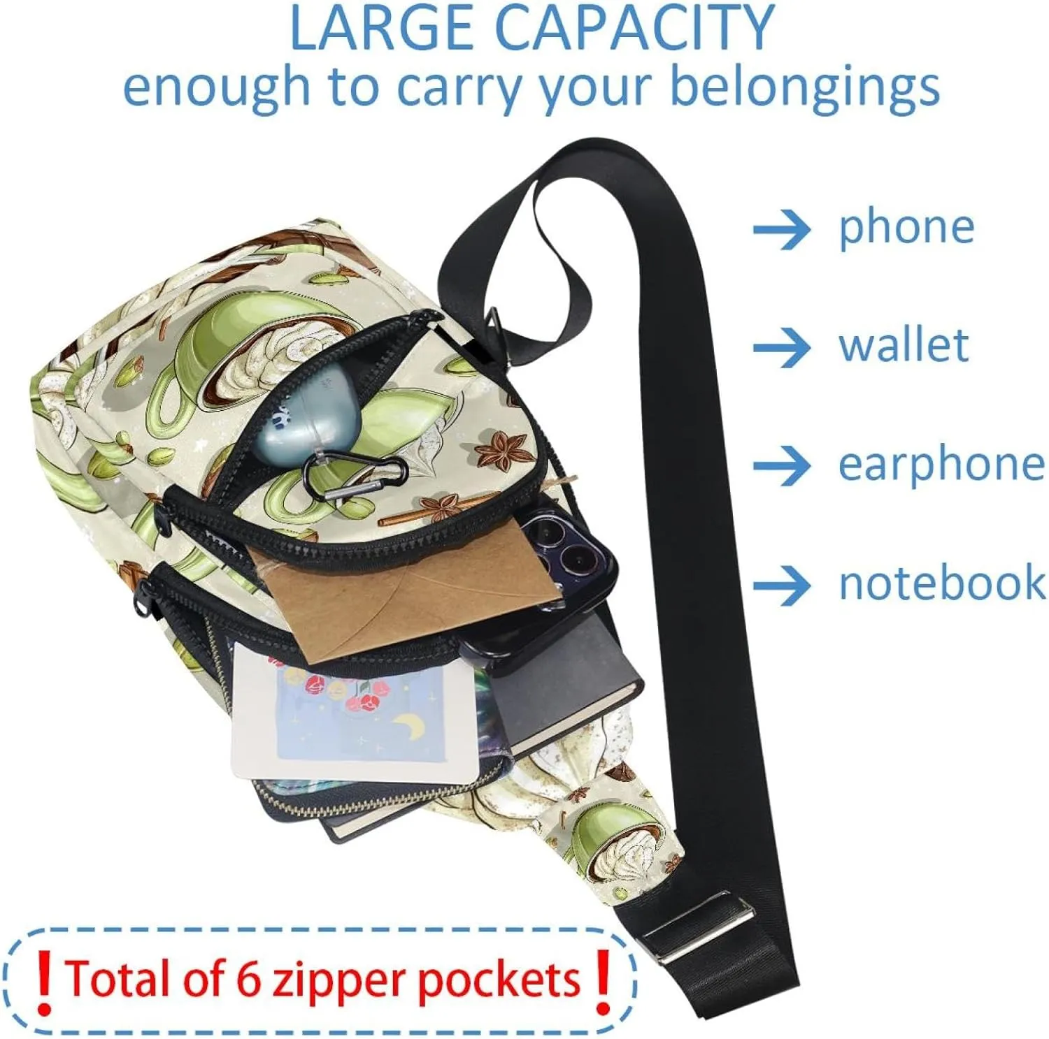 Fanny Pack Cross Body Bag for Outdoors Hiking Traveling, pistachio vanilla and cinnamon hot choco (2)