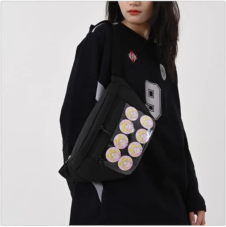 Fanny Pack Ita Bag Crossbody Kawaii Cute Pin Display Bag Messenger Japanese Transparent Clear Waist Bags (black)