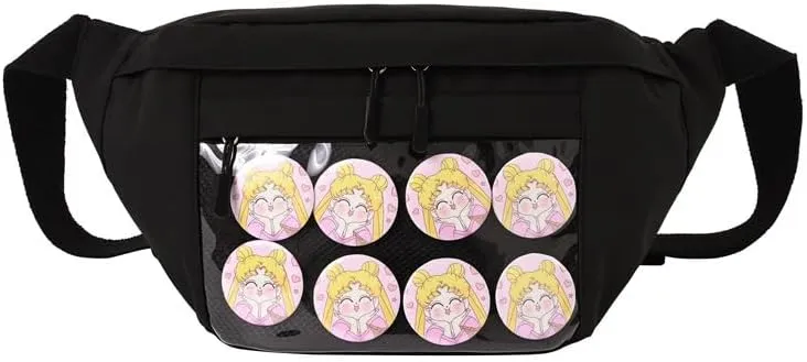 Fanny Pack Ita Bag Crossbody Kawaii Cute Pin Display Bag Messenger Japanese Transparent Clear Waist Bags (black)