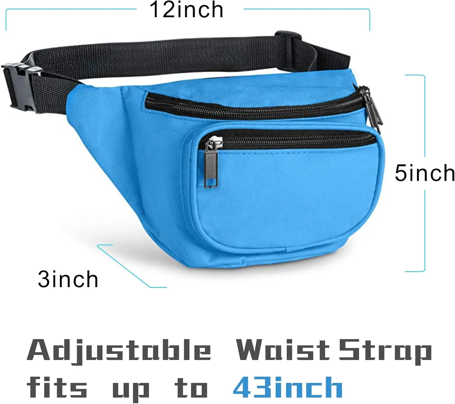 Fanny Pack, MISSMOON 3-Zipper Compartments Adjustable Waist Festival Workout Running Hiking Traveling Walking Sport Fishing Casual Hands-Free Wallets Crossbody Waist Pack Bag For Men Women Neon Blue