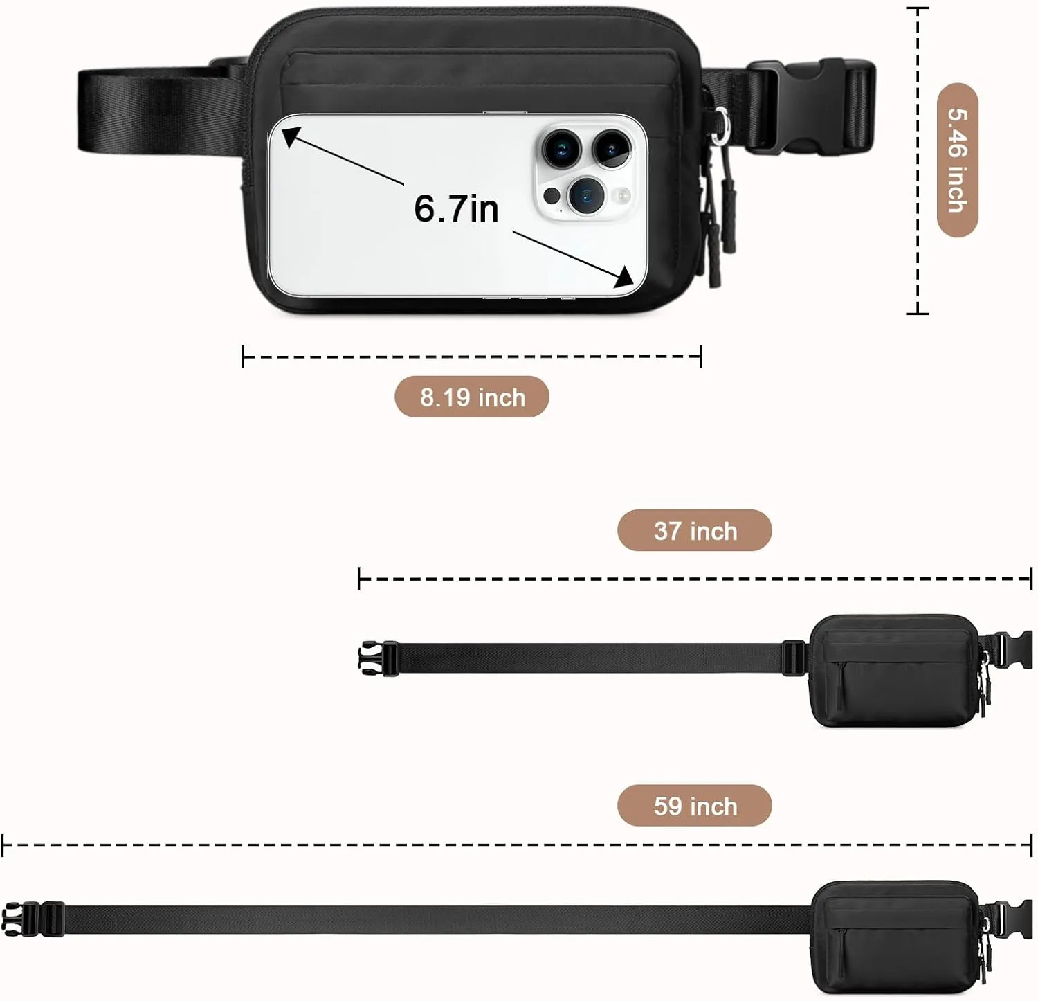 Fanny Packs for Women Men,Belt Bag with 4 Zipper Pockets,Waterproof Crossbody Bag,Fashion Waist Packs with Adjustable Long Strap for Workout/Running/Yoga/Shopping/Hiking,Black