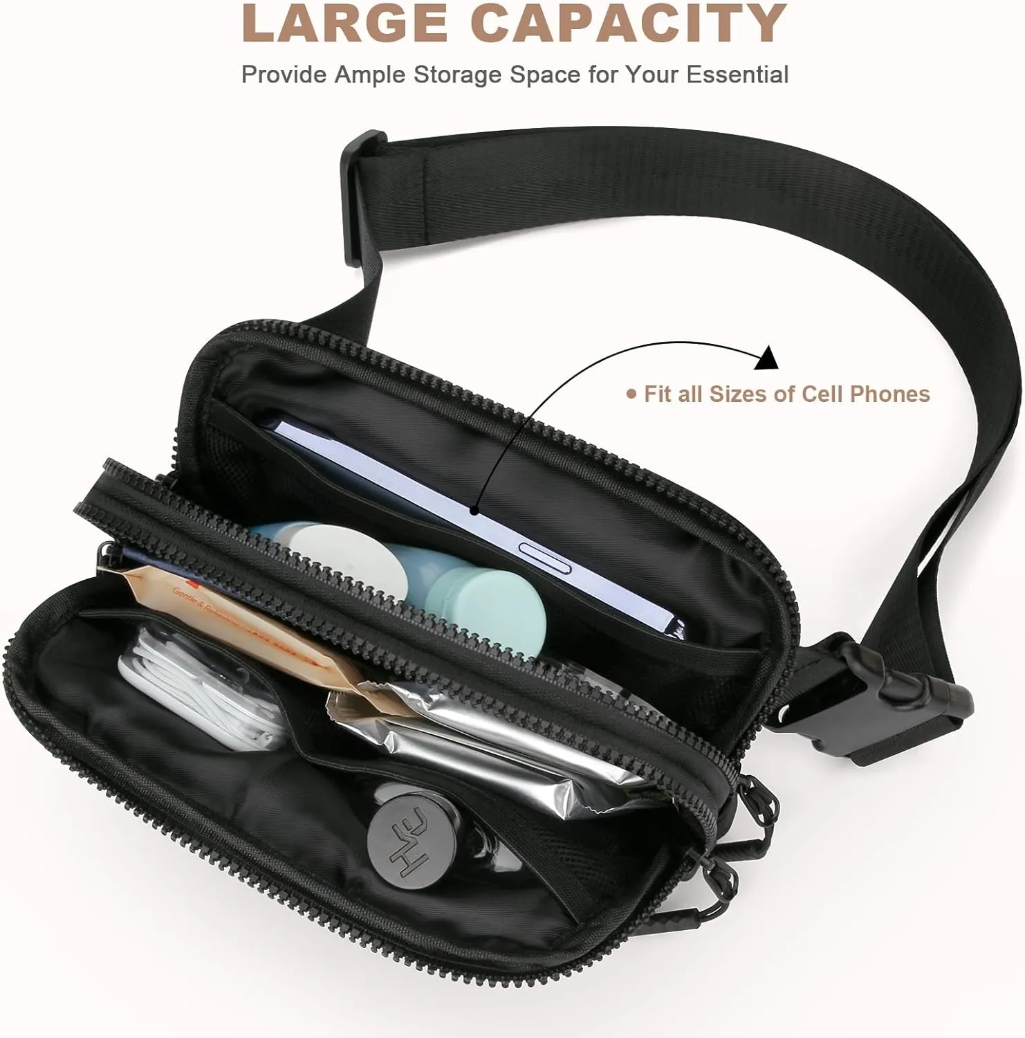 Fanny Packs for Women Men,Belt Bag with 4 Zipper Pockets,Waterproof Crossbody Bag,Fashion Waist Packs with Adjustable Long Strap for Workout/Running/Yoga/Shopping/Hiking,Black