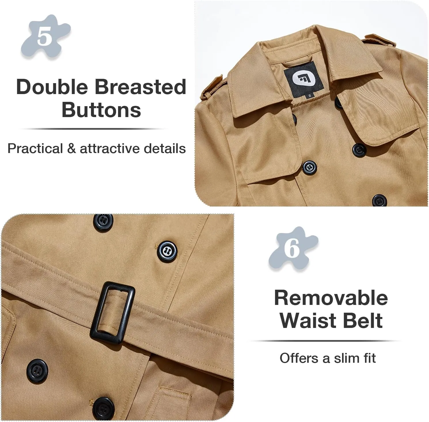 FARVALUE Women's Double Breasted Trench Coat Water Resistant Windbreaker Classic Belted Lapel Overcoat