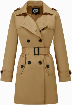 FARVALUE Women's Double Breasted Trench Coat Water Resistant Windbreaker Classic Belted Lapel Overcoat