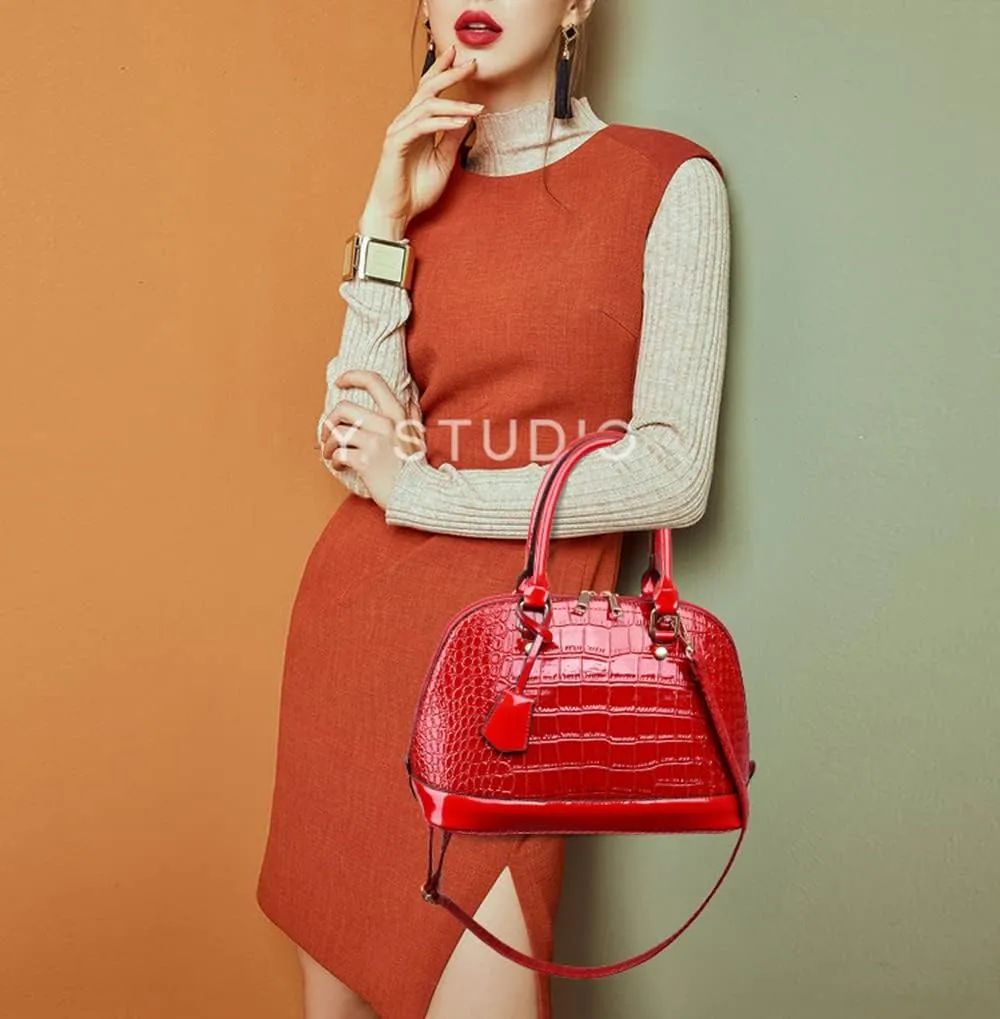 Fashion Leather Dome Satchel Handbags for Women Large Top Handle Crossbody Bag Ladies Shoulder Bag Tote Purses (Red)