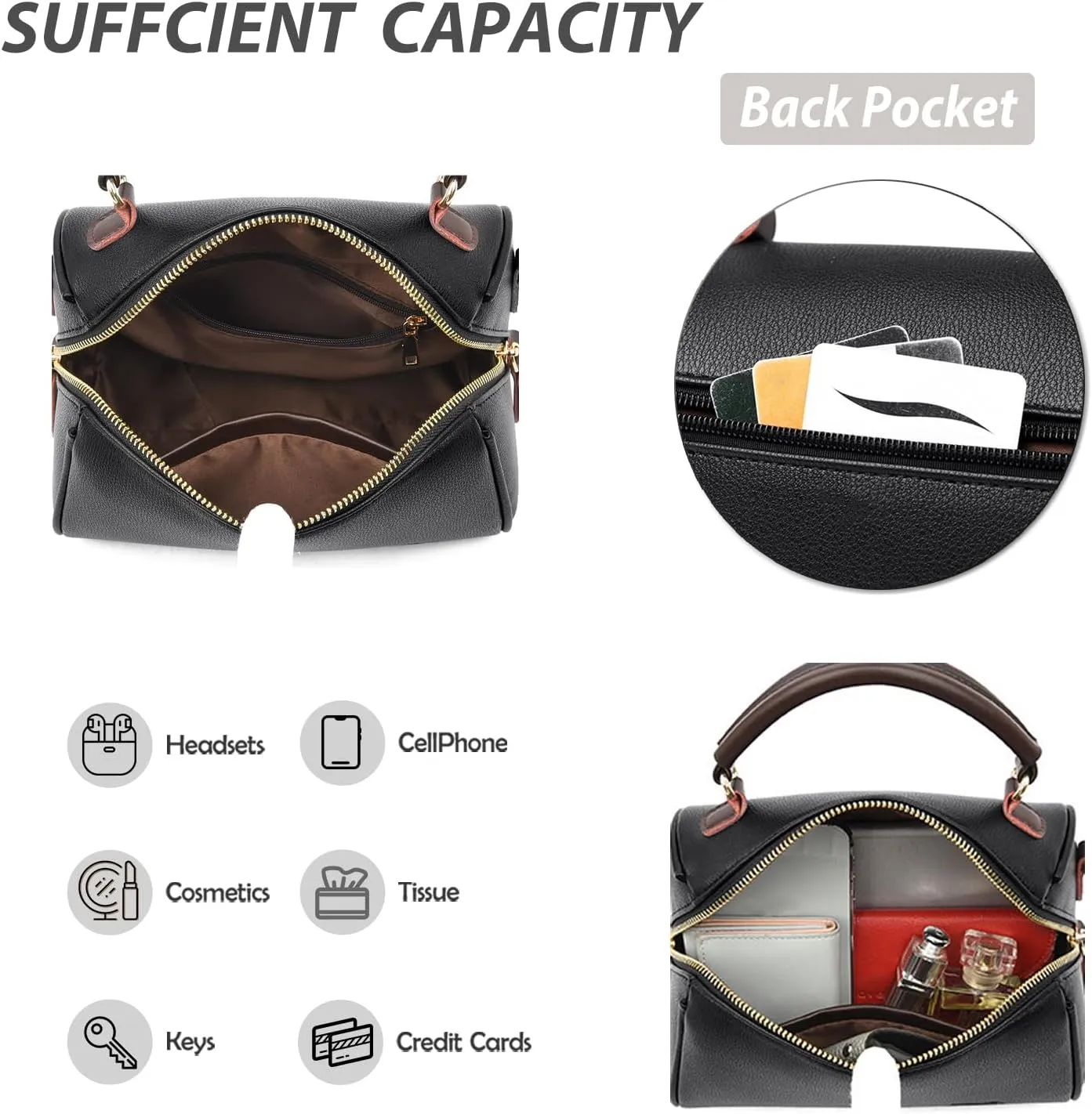 Fashion Leather Top-Handle Crossbody Pillow Bag For Women Shoulder Satchel Purses With Double Zipper Design
