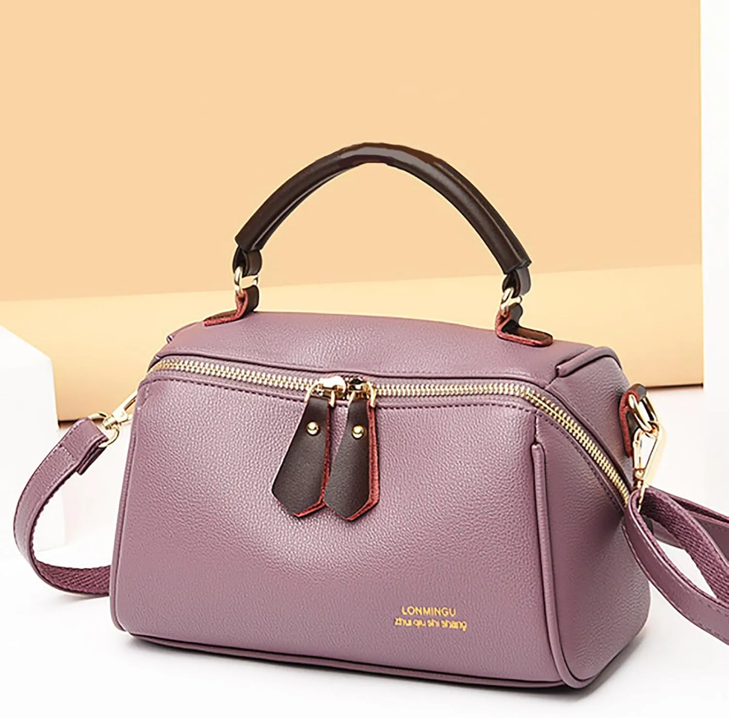 Fashion Leather Top-Handle Crossbody Pillow Bag For Women Shoulder Satchel Purses With Double Zipper Design