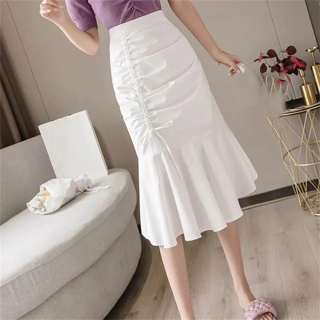 Fashion Solid Color Shirring Bandage Skirts Women Summer Loose Elastic High Waist Skirts