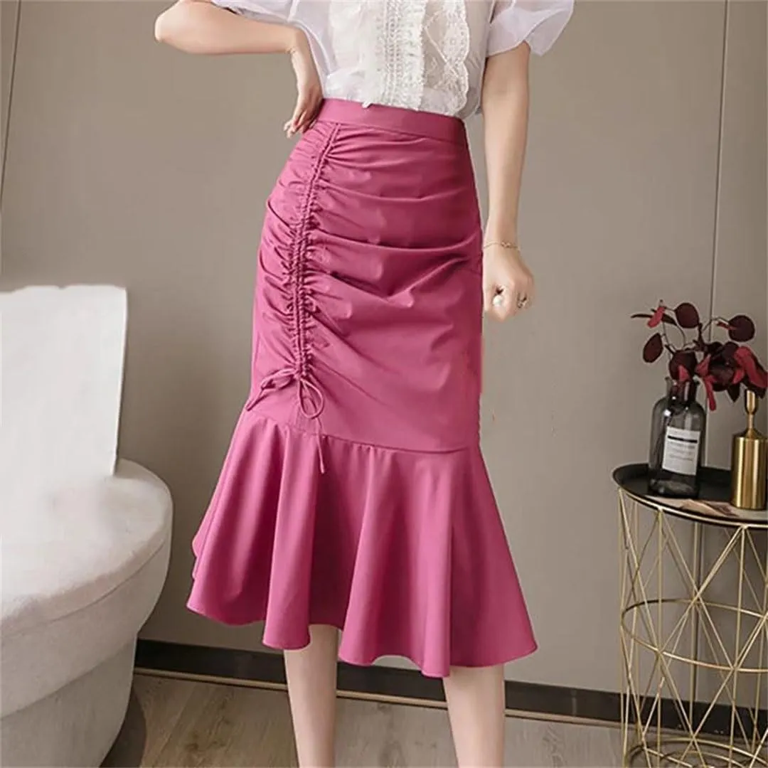 Fashion Solid Color Shirring Bandage Skirts Women Summer Loose Elastic High Waist Skirts