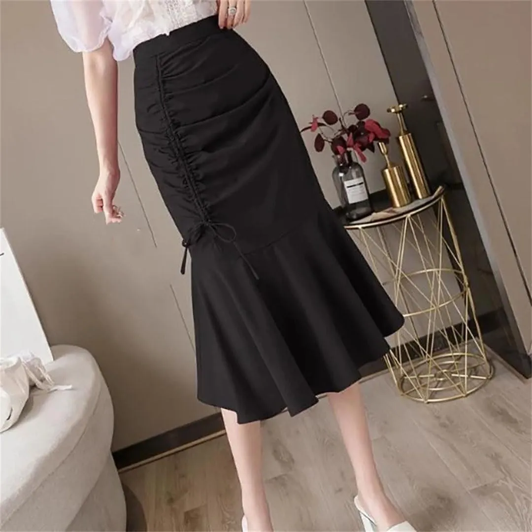 Fashion Solid Color Shirring Bandage Skirts Women Summer Loose Elastic High Waist Skirts