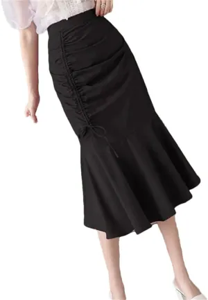 Fashion Solid Color Shirring Bandage Skirts Women Summer Loose Elastic High Waist Skirts