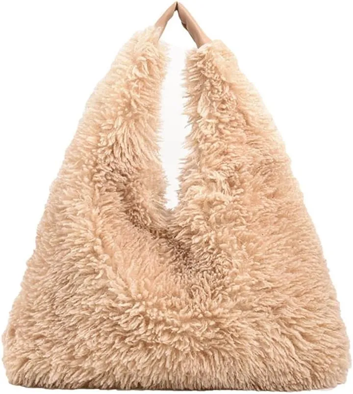 Faux Fur Hobo Shoulder Bag Furry Handbag Purse for Women Winter Y2k Fuzzy Plush Shoulder Tote Bag for Work Shopping