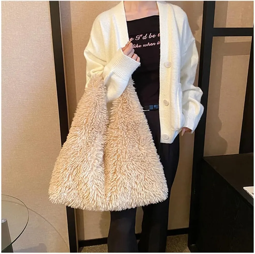 Faux Fur Hobo Shoulder Bag Furry Handbag Purse for Women Winter Y2k Fuzzy Plush Shoulder Tote Bag for Work Shopping