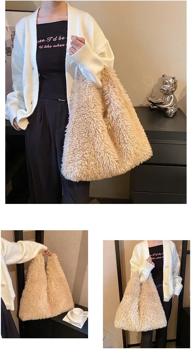 Faux Fur Hobo Shoulder Bag Furry Handbag Purse for Women Winter Y2k Fuzzy Plush Shoulder Tote Bag for Work Shopping