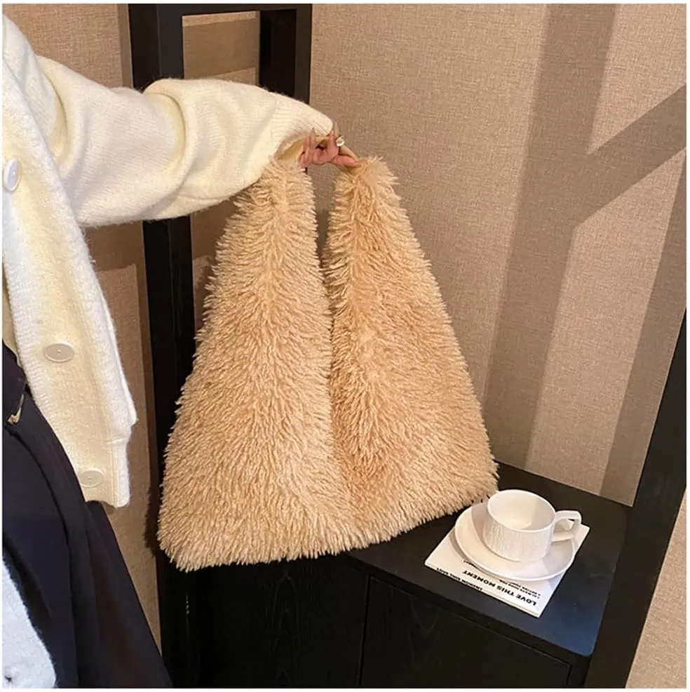 Faux Fur Hobo Shoulder Bag Furry Handbag Purse for Women Winter Y2k Fuzzy Plush Shoulder Tote Bag for Work Shopping