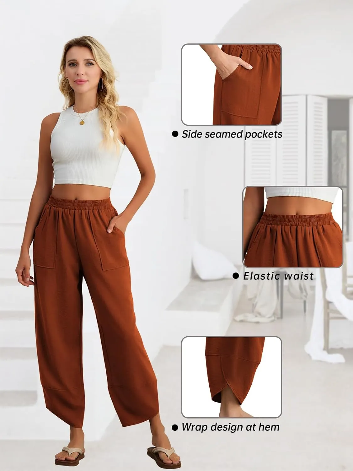 Feiersi Womens Baggy Wide Leg Pants Elastic Waisted Casual Palazzo Harem Pants Summer Beach Trousers