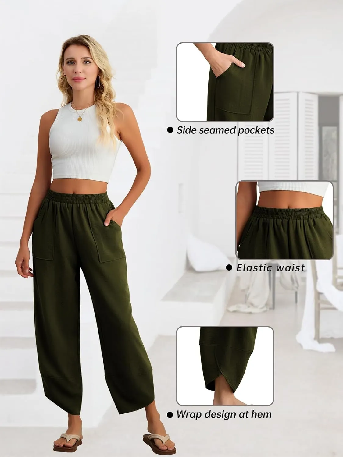 Feiersi Womens Baggy Wide Leg Pants Elastic Waisted Casual Palazzo Harem Pants Summer Beach Trousers