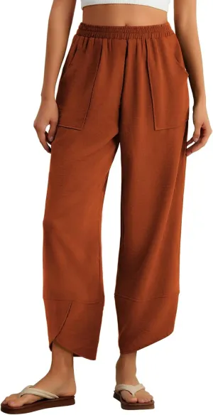 Feiersi Womens Baggy Wide Leg Pants Elastic Waisted Casual Palazzo Harem Pants Summer Beach Trousers