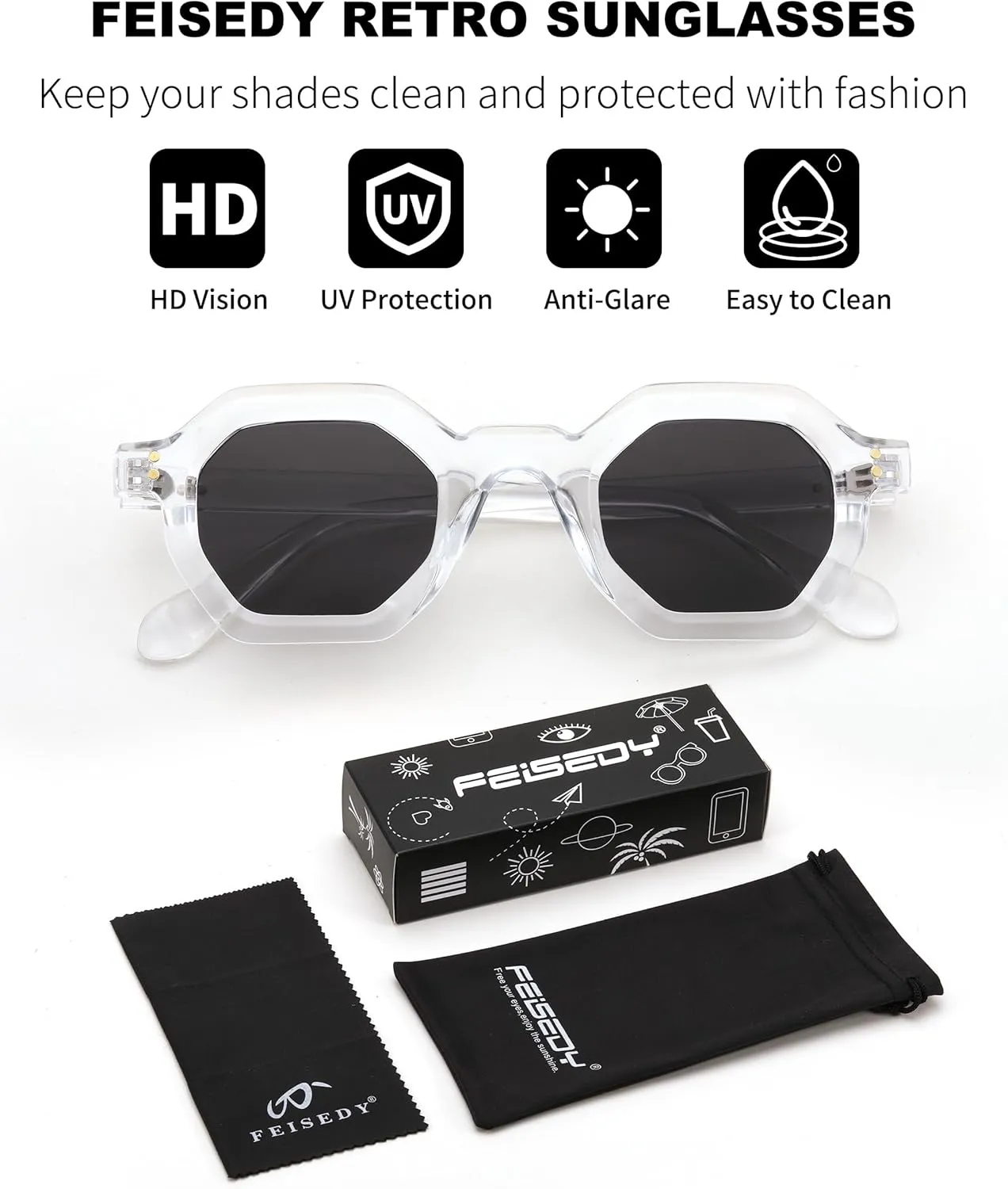 FEISEDY Octagon Sunglasses for Women - Thick Frame Fashion Rectangle Sun Glasses - Summer UV400 Protection
