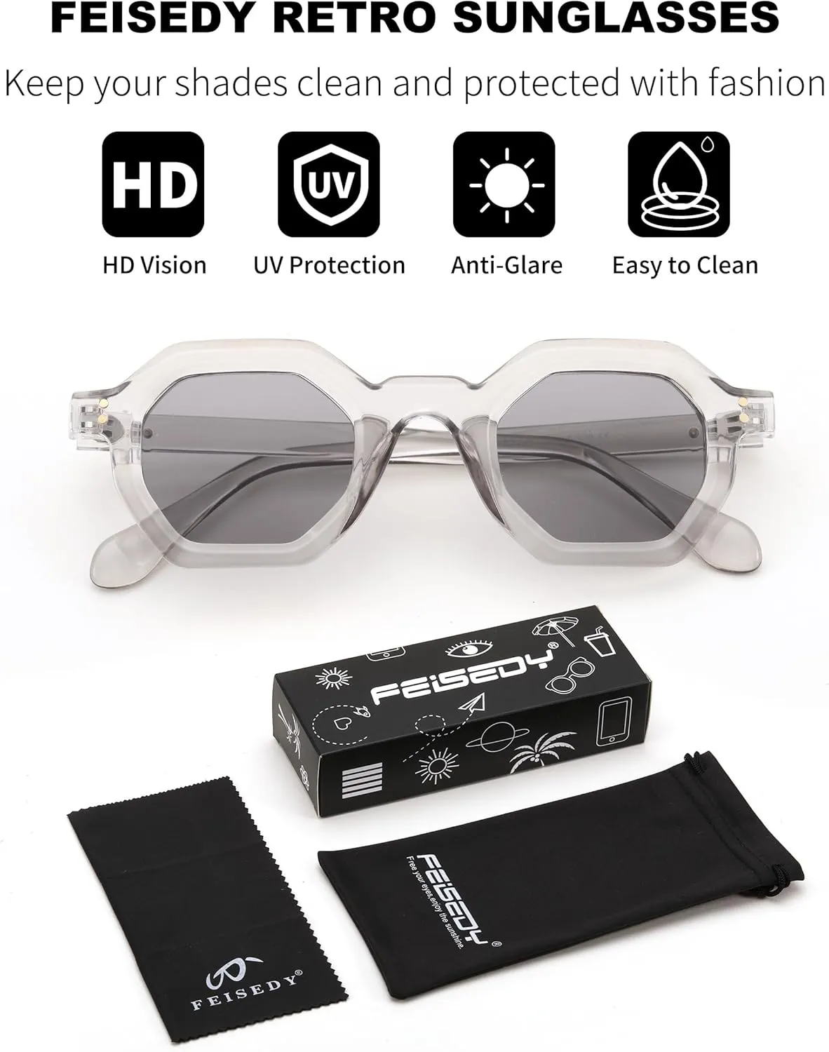 FEISEDY Octagon Sunglasses for Women - Thick Frame Fashion Rectangle Sun Glasses - Summer UV400 Protection