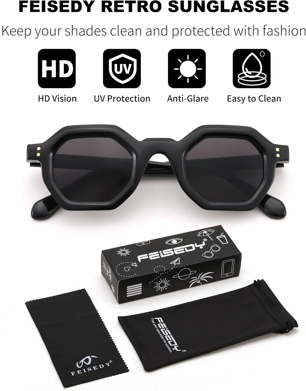 FEISEDY Octagon Sunglasses for Women - Thick Frame Fashion Rectangle Sun Glasses - Summer UV400 Protection