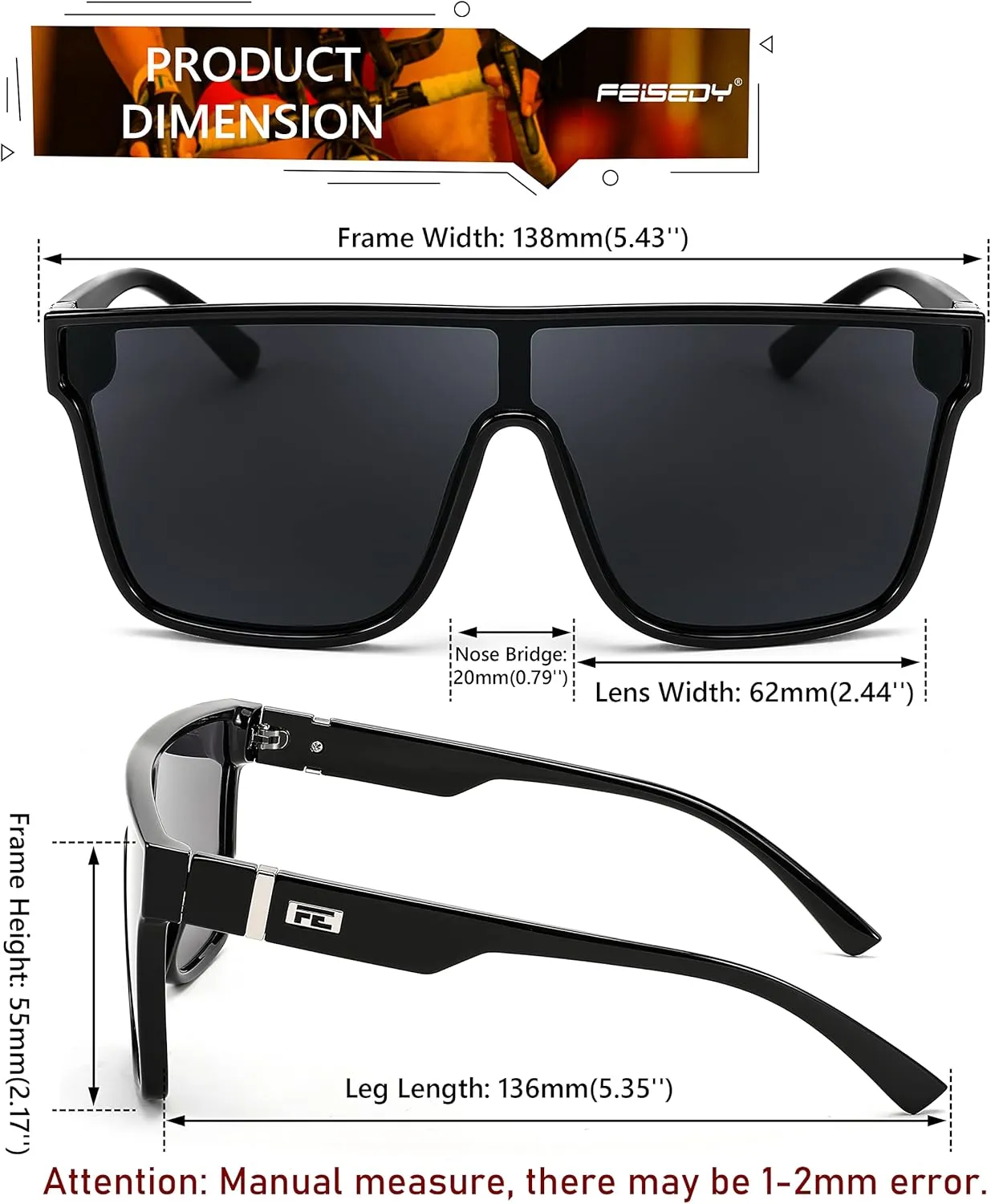 FEISEDY Sunglasses for Women Men, Fashion Mirrored Single Lens, Driving Beach Sunnies UV400 Shades B2996