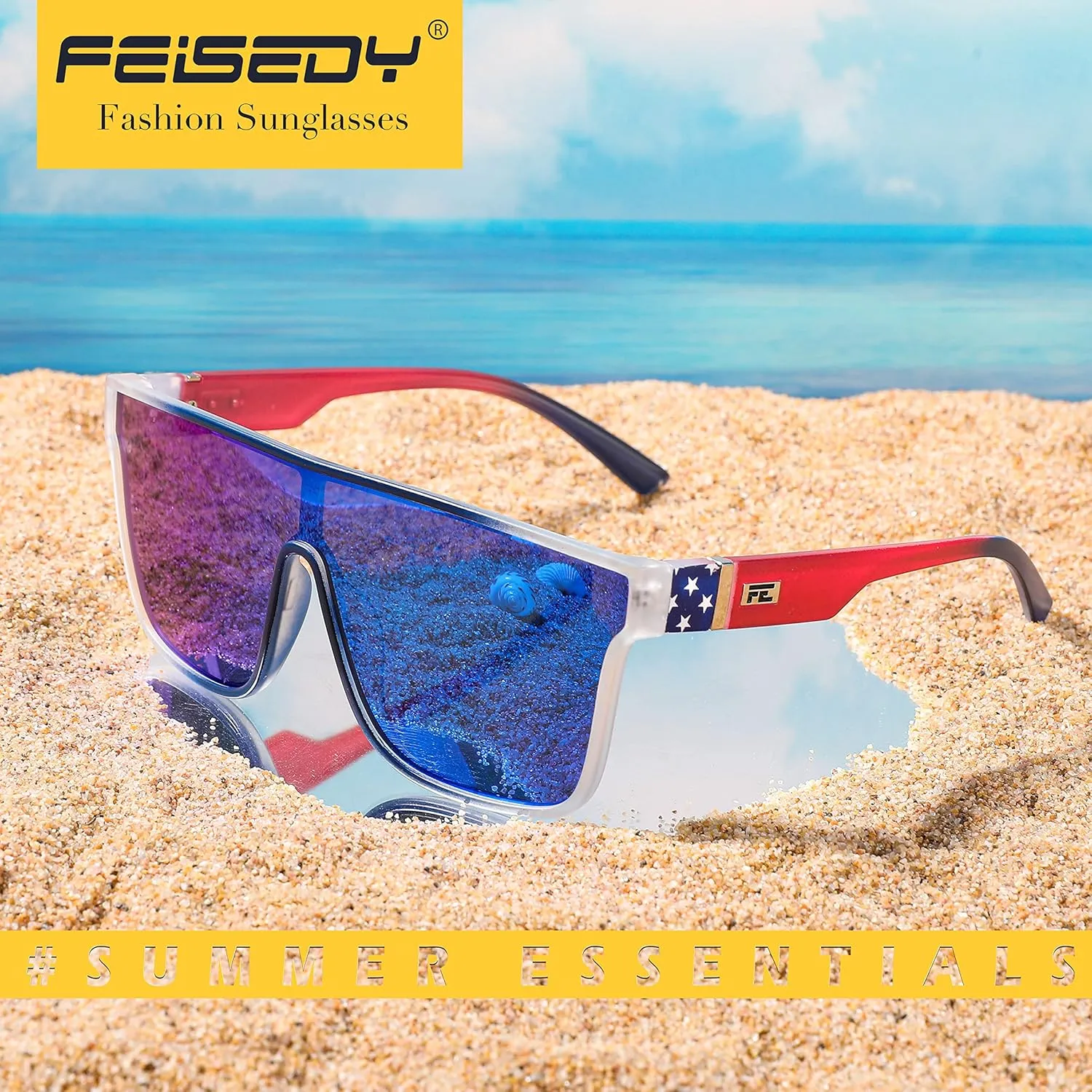 FEISEDY Sunglasses for Women Men, Fashion Mirrored Single Lens, Driving Beach Sunnies UV400 Shades B2996