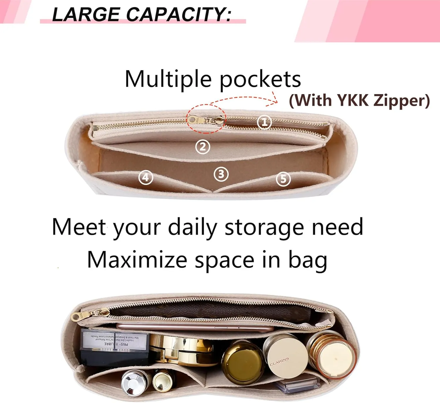 Felt Small Insert Purse Organizer with Zipper Compatible with GG Mini Marmont Insert Matelasse Shoulder Bag and More, Mini Handbag Organizer Pouch for Women Inner Bladder Bag (Beige, mini)