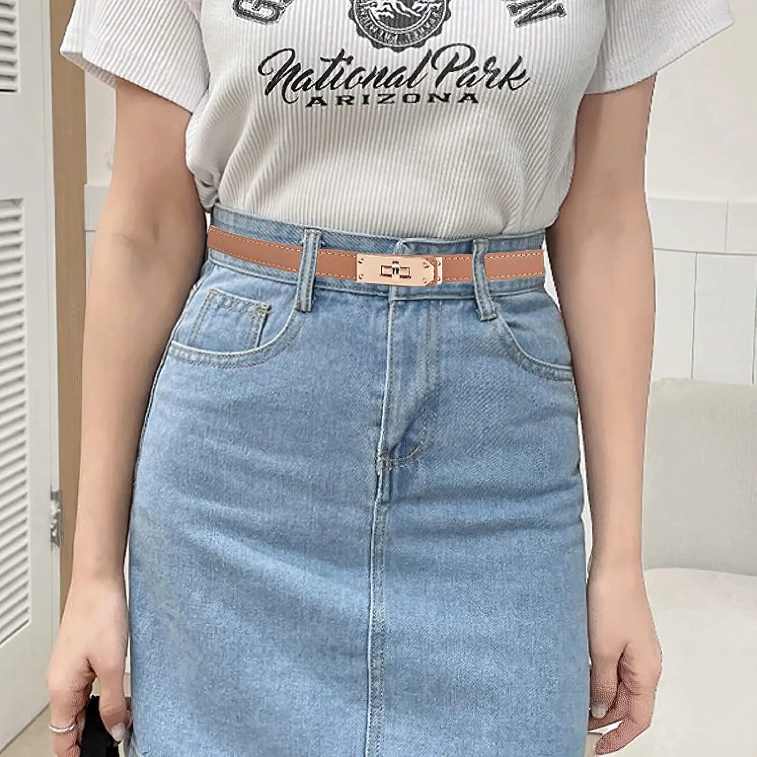 FENLDY Adjustable Thin Belts For Womens Skinny Belts For Dresses Womens Solid Color Alloy Turn Lock Belts For Jeans