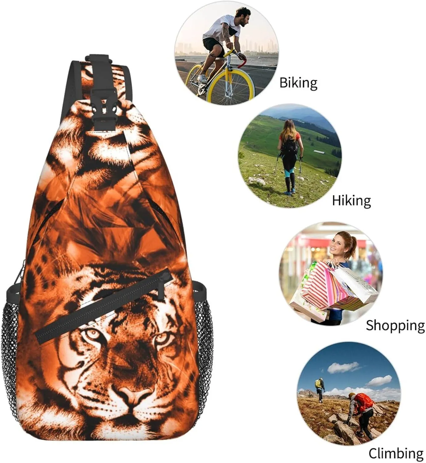 Fiercely Tiger Head Chest Sling Bag Crossbody Shoulder Backpack Bag Gym Cycling Daypack Travel Hiking Cross Bag