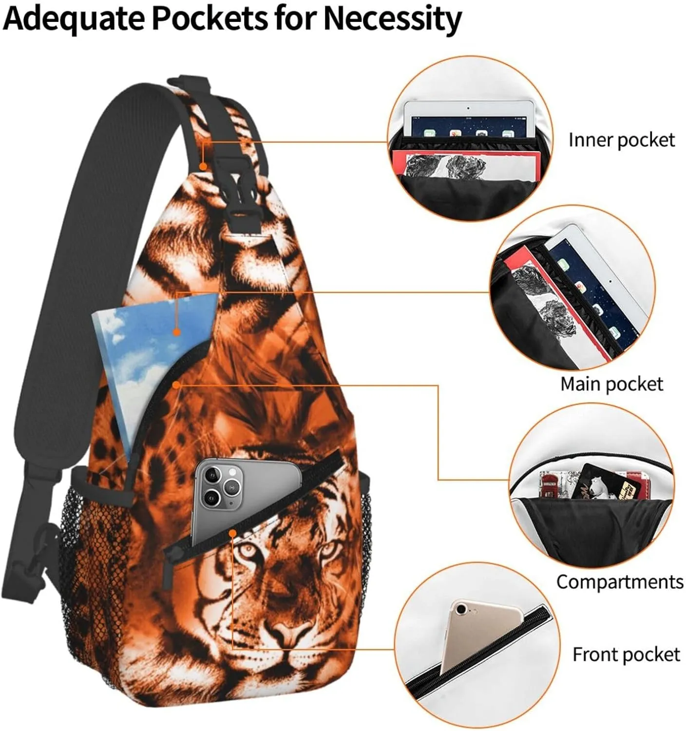 Fiercely Tiger Head Chest Sling Bag Crossbody Shoulder Backpack Bag Gym Cycling Daypack Travel Hiking Cross Bag