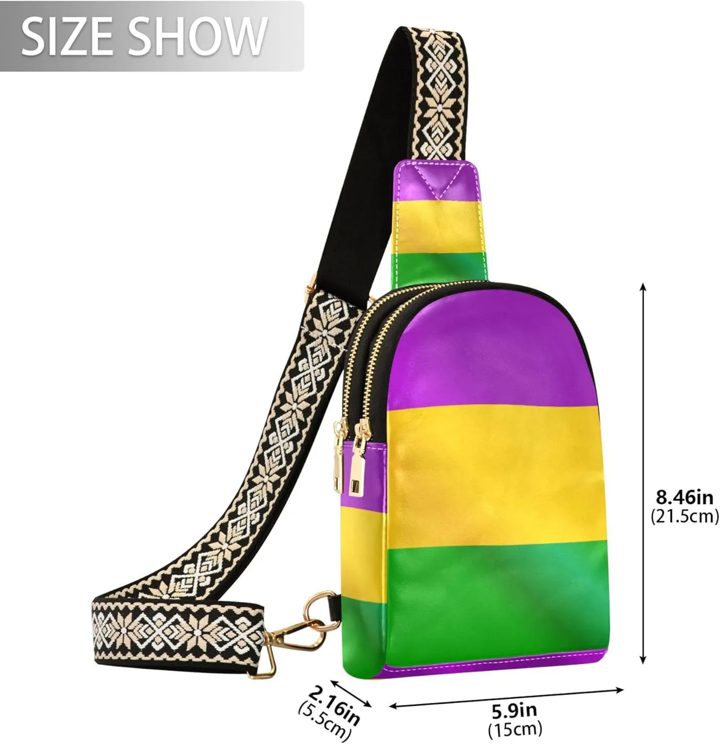 Fisyme Mardi Gras Flag Small Sling Bag for Women Fashion Waist Packs Leather Crossbody Fanny Packs Purse for Travel
