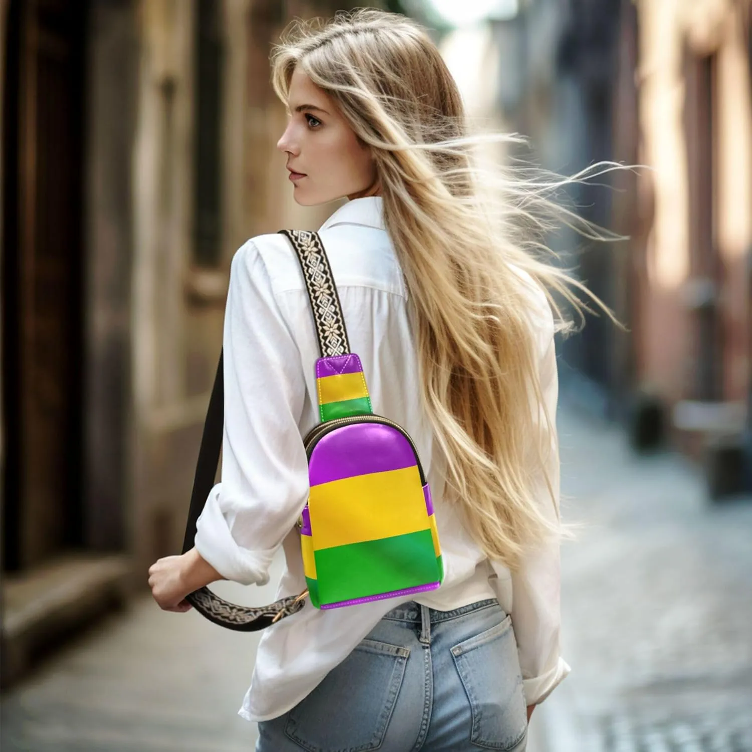 Fisyme Mardi Gras Flag Small Sling Bag for Women Fashion Waist Packs Leather Crossbody Fanny Packs Purse for Travel