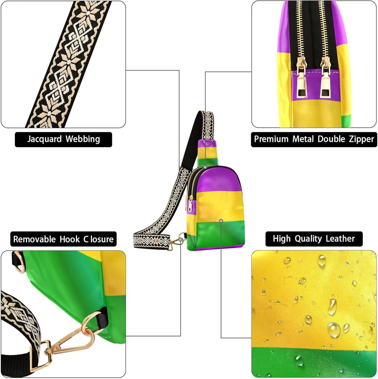 Fisyme Mardi Gras Flag Small Sling Bag for Women Fashion Waist Packs Leather Crossbody Fanny Packs Purse for Travel